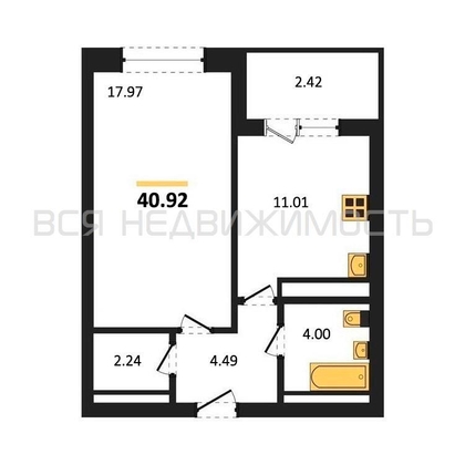 1-комнатная квартира, 40.92кв.м - изображение