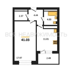 1-комнатная квартира, 41.03кв.м 1-комнатная квартира, 41.03кв.м - изображение 1
