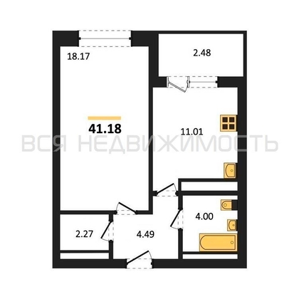 1-комнатная квартира, 41.18кв.м - изображение