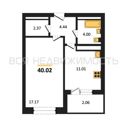 1-комнатная квартира, 40.02кв.м - изображение