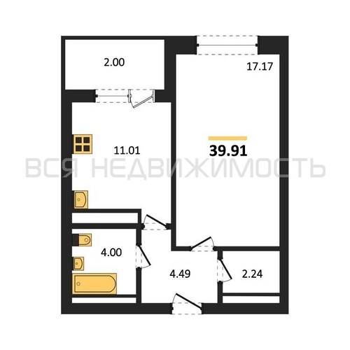 1-комнатная квартира, 39.91кв.м - изображение 0