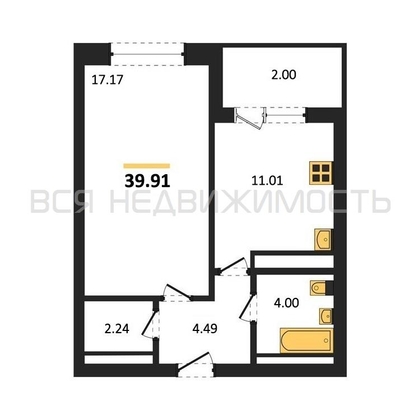 1-комнатная квартира, 39.91кв.м - изображение