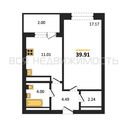 1-комнатная квартира, 39.91кв.м - изображение