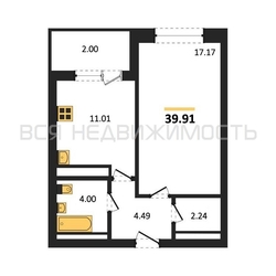 1-комнатная квартира, 39.91кв.м 1-комнатная квартира, 39.91кв.м - изображение 1