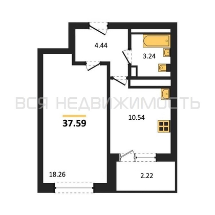 1-комнатная квартира, 37.59кв.м - изображение
