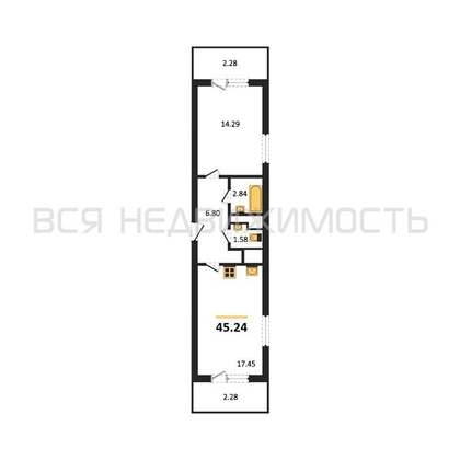 1-комнатная квартира, 45.24кв.м - изображение