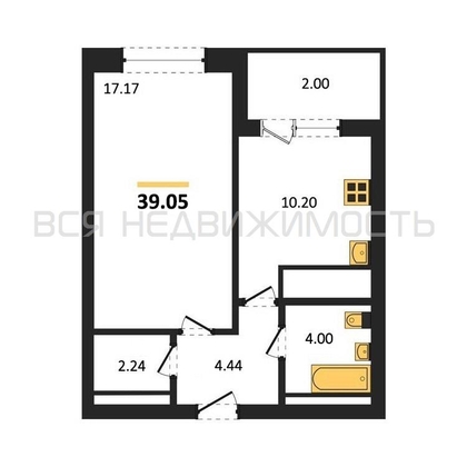 1-комнатная квартира, 39.05кв.м - изображение