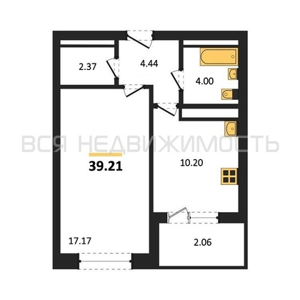 1-комнатная квартира, 39.21кв.м - изображение