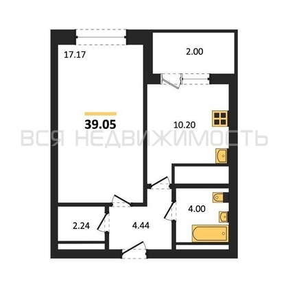 1-комнатная квартира, 40.67кв.м - изображение