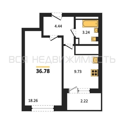 1-комнатная квартира, 36.78кв.м - изображение