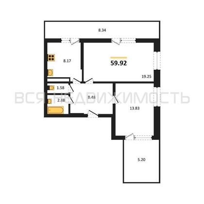 2-комнатная квартира, 59.92кв.м - изображение