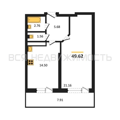 1-комнатная квартира, 49.62кв.м - изображение