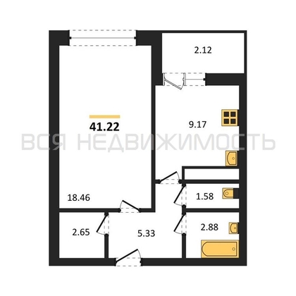 1-комнатная квартира, 41.22кв.м - изображение