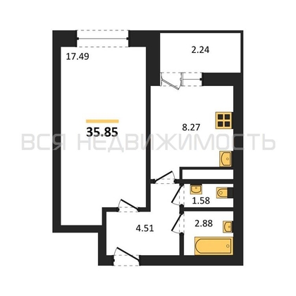 1-комнатная квартира, 35.85кв.м - изображение