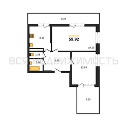 2-комнатная квартира, 59.92кв.м 2-комнатная квартира, 59.92кв.м - изображение 1