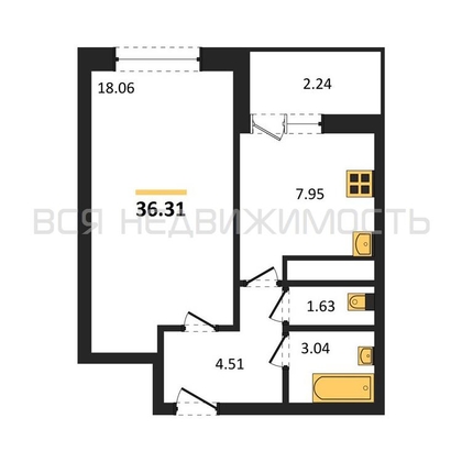 1-комнатная квартира, 36.31кв.м - изображение