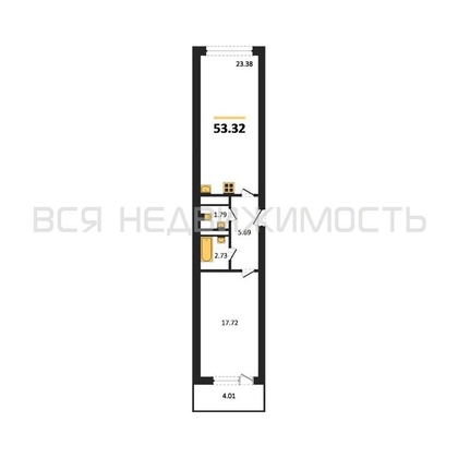1-комнатная квартира, 53.32кв.м - изображение