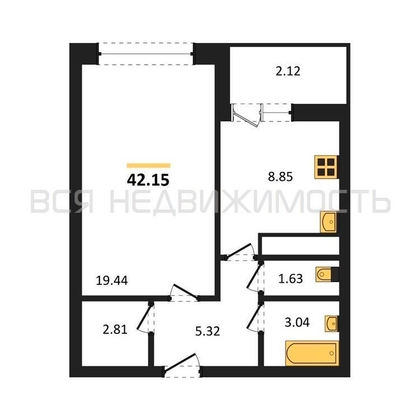 1-комнатная квартира, 42.15кв.м - изображение