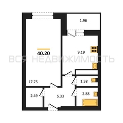 1-комнатная квартира, 40.2кв.м - изображение 1