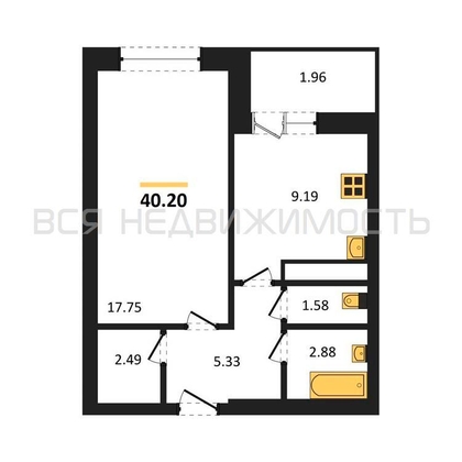 1-комнатная квартира, 40.2кв.м - изображение