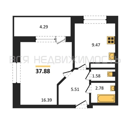 1-комнатная квартира, 37.88кв.м - изображение