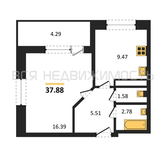 1-комнатная квартира, 37.88кв.м - изображение 0
