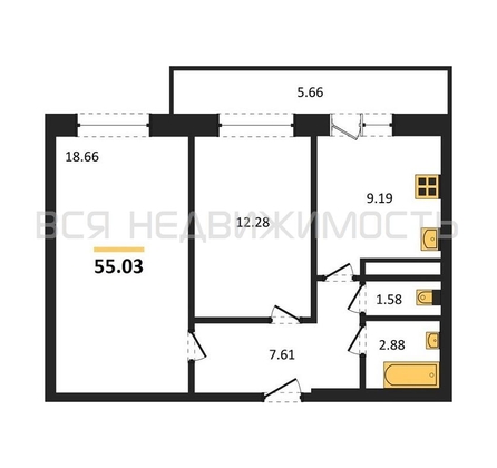 2-комнатная квартира, 55.03кв.м - изображение