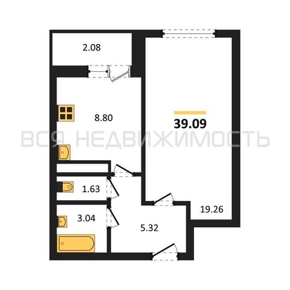 1-комнатная квартира, 39.09кв.м - изображение