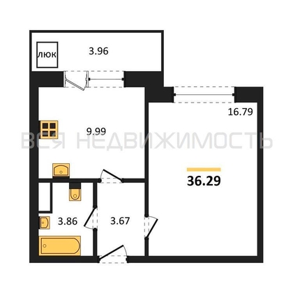 1-комнатная квартира, 36.29кв.м 1-комнатная квартира, 36.29кв.м - изображение