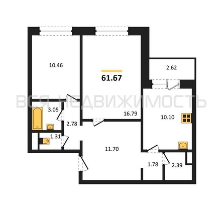 2-комнатная квартира, 61.67кв.м - изображение