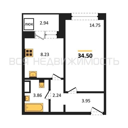 1-комнатная квартира, 34.5кв.м - изображение