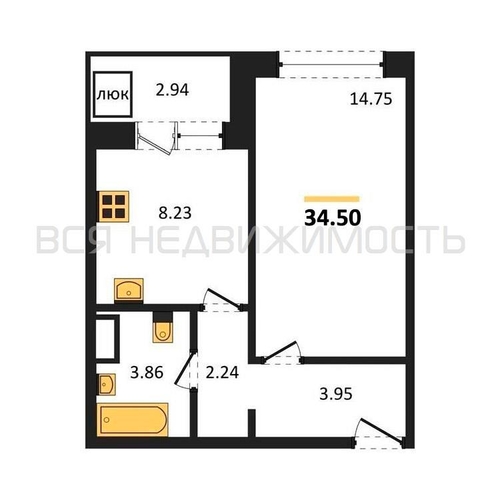 1-комнатная квартира, 34.5кв.м - изображение 0