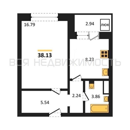 1-комнатная квартира, 38.13кв.м - изображение