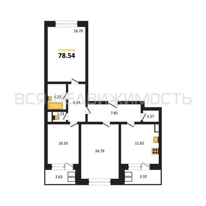 3-комнатная квартира, 77.23кв.м - изображение