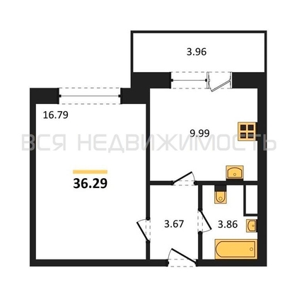1-комнатная квартира, 36.29кв.м - изображение