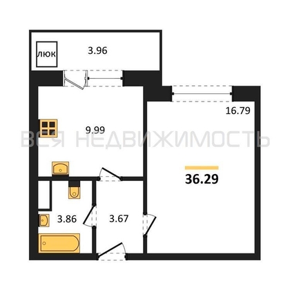 1-комнатная квартира, 36.29кв.м - изображение