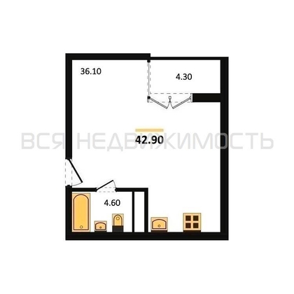 квартира-студия, 42,9кв.м. - изображение