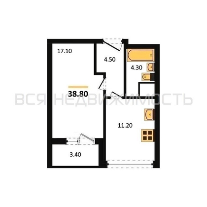 1-комнатная квартира, 38.8кв.м - изображение