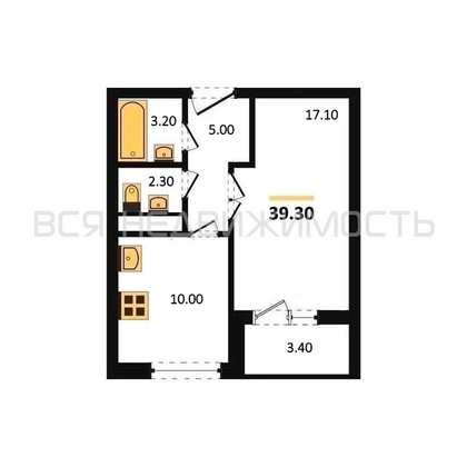 1-комнатная квартира, 39.3кв.м - изображение