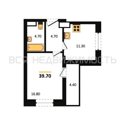 1-комнатная квартира, 39.7кв.м - изображение