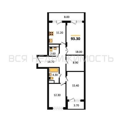 3-комнатная квартира, 93.3кв.м - изображение