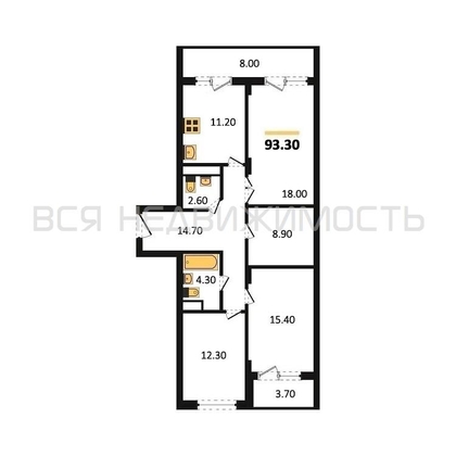 3-комнатная квартира, 93.3кв.м - изображение