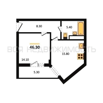 1-комнатная квартира, 46.3кв.м - изображение