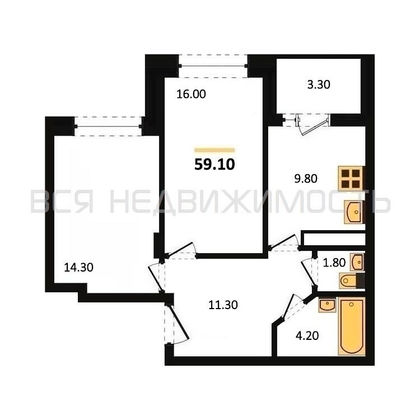 2-комнатная квартира, 59.1кв.м - изображение