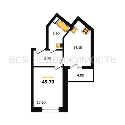 1-комнатная квартира, 45.7кв.м - изображение