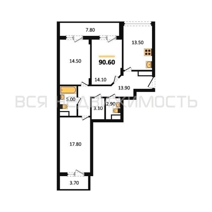 3-комнатная квартира, 90.6кв.м - изображение