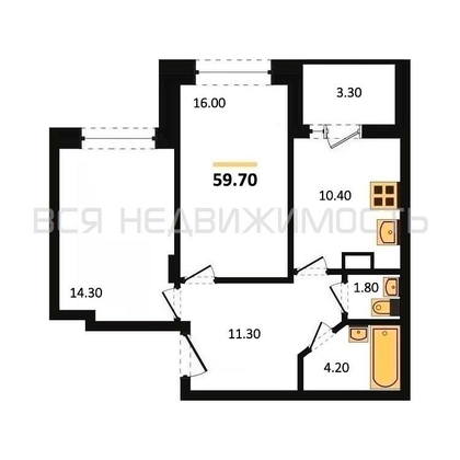 2-комнатная квартира, 59.7кв.м - изображение