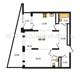 2-комнатная квартира, 69.43кв.м 2-комнатная квартира, 69.43кв.м - изображение 1