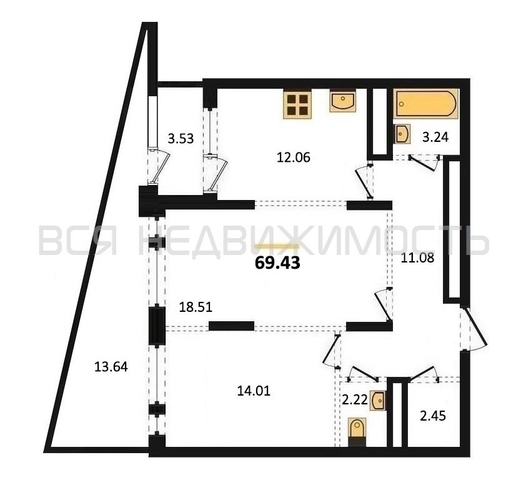 2-комнатная квартира, 69.43кв.м - изображение 0