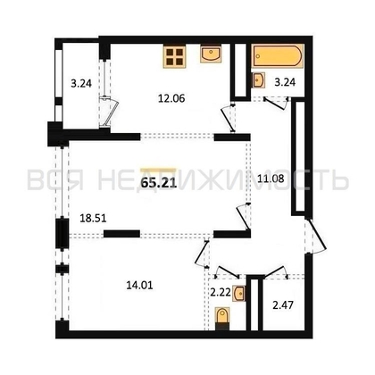 2-комнатная квартира, 65.21кв.м - изображение